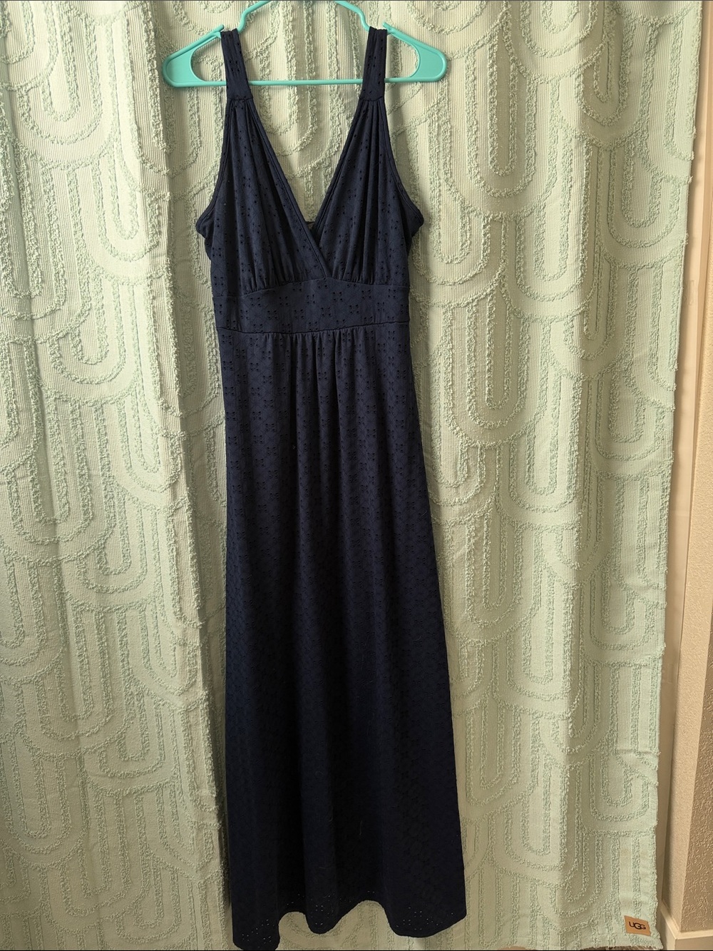 Navy Eyelet Maxi Dress with V-Neck